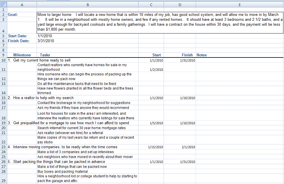 Goal plan template - example